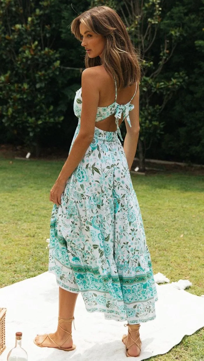 Women's V-neck boho style flower maxi dress