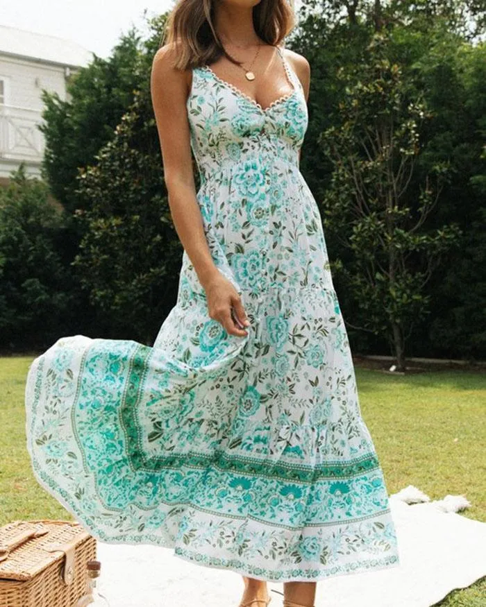Women's V-neck boho style flower maxi dress