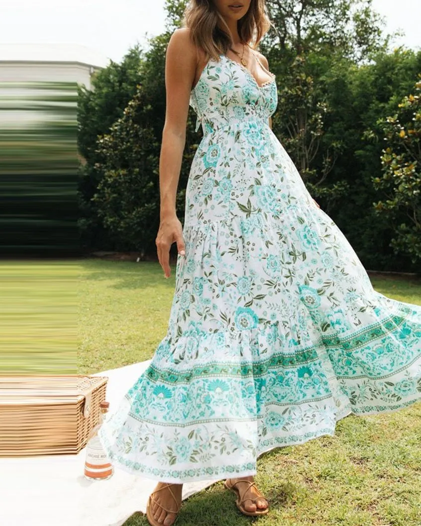 Women's V-neck boho style flower maxi dress